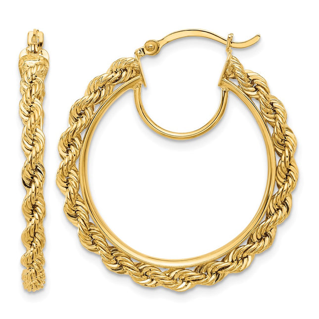 14k Polished and D/C Rope Hoop Earrings, 30 x 2.95mm