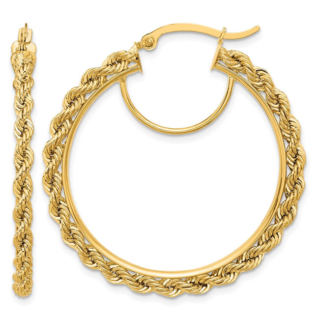 14k Polished and D/C Rope Hoop Earrings, 40 x 2.95mm