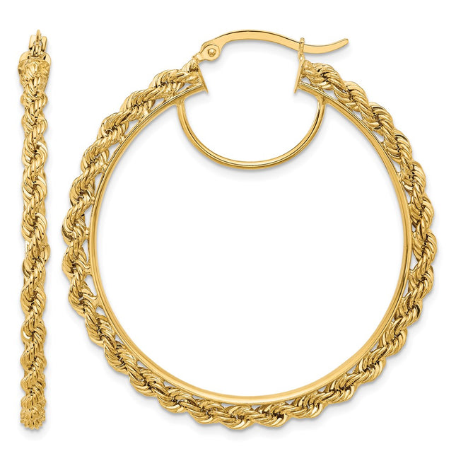 14k Polished and D/C Rope Hoop Earrings, 45 x 2.95mm