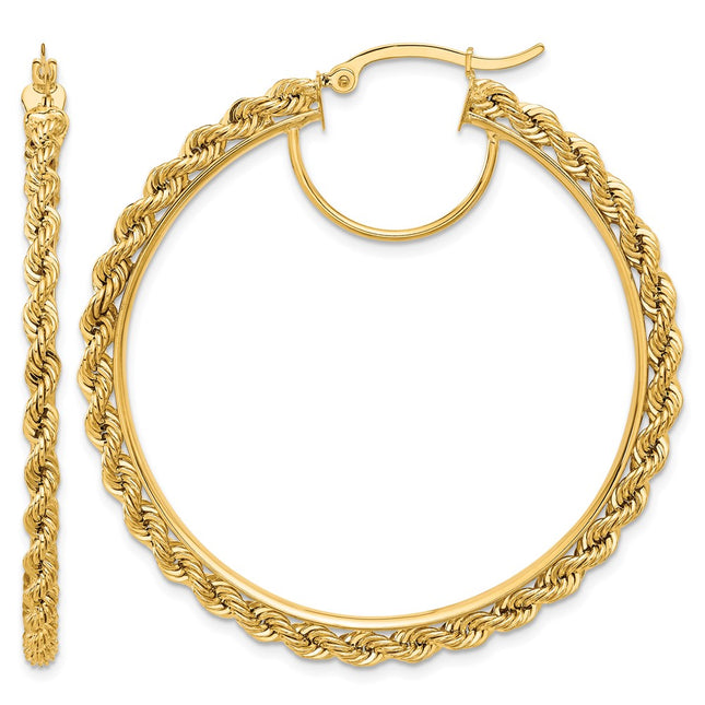 14k Polished and D/C Rope Hoop Earrings, 50 x 2.95mm
