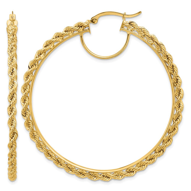 14k Polished and D/C Rope Hoop Earrings, 55 x 2.95mm