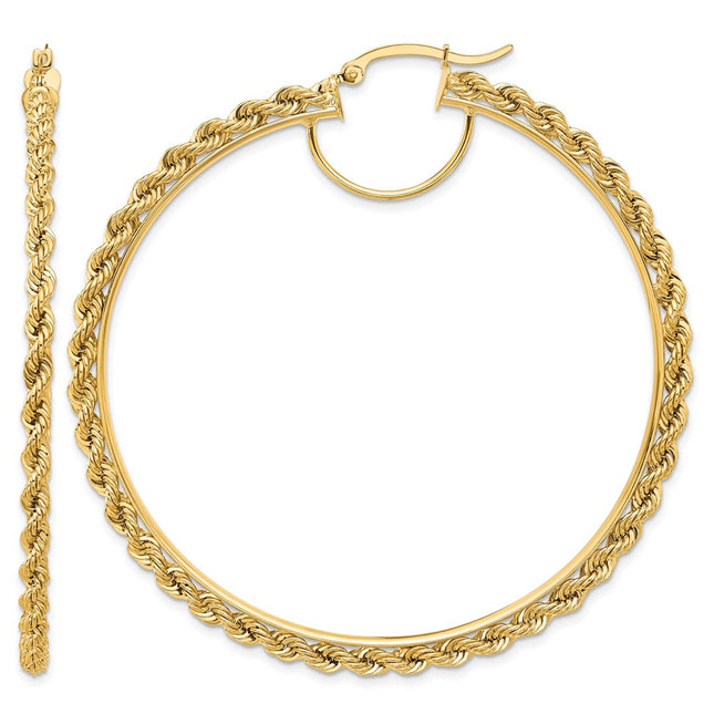 14k Polished and D/C Rope Hoop Earrings, 60 x 2.95mm