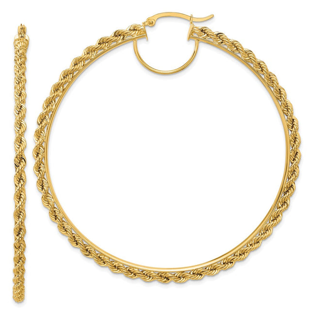 14k Polished and D/C Rope Hoop Earrings, 70 x 2.95mm