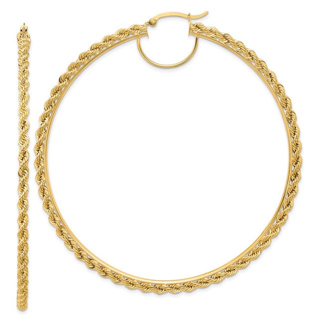 14k Polished and D/C Rope Hoop Earrings, 80 x 2.95mm