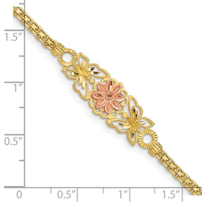 14K Two-tone Brushed and Polished Flower with Butterflies and Bismark Chain Bracelet