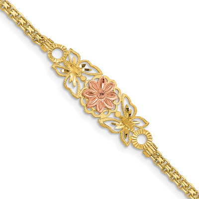 14K Two-tone Brushed and Polished Flower with Butterflies and Bismark Chain Bracelet