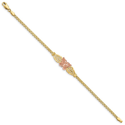 14K Two-tone Polished Diamond-cut Butterfly with Filigree and Bismark Chain Bracelet