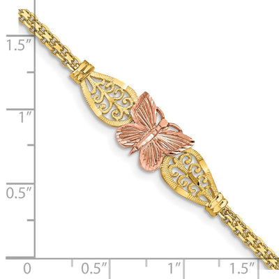 14K Two-tone Polished Diamond-cut Butterfly with Filigree and Bismark Chain Bracelet