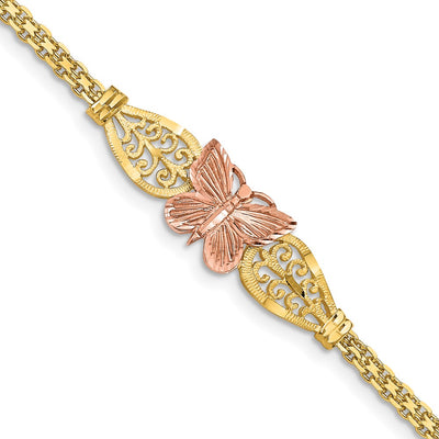14K Two-tone Polished Diamond-cut Butterfly with Filigree and Bismark Chain Bracelet