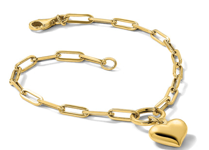 14K Polished Puffed Heart Dangle Paper Clip Link 7. Bracelet