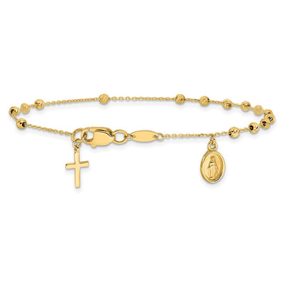 14K Polished and Diamond-cut Miraculous Medal and Cross Rosary Bracelet