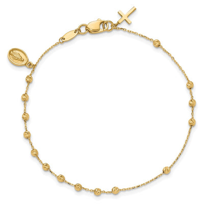 14K Polished and Diamond-cut Miraculous Medal and Cross Rosary Bracelet