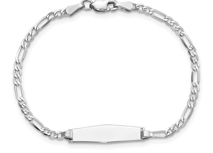 14k White Gold Polished Solid Chain/Solid Plate Figaro Link Soft Diamond Shape 19.5x5. Plate ID Bracelet (Style FG60IDCW-6)