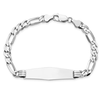 14K White Gold Polished Solid Chain/Solid Plate Figaro Link Soft Diamond Shape Plate ID Bracelet