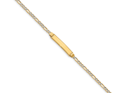 14k Polished with Rhodium Pav Solid Chain/Solid Plate Figaro Link 25. Plate ID Bracelet