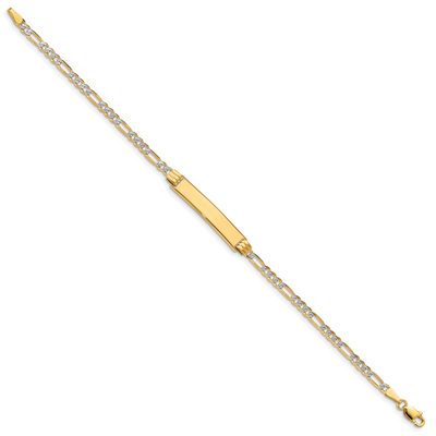 14K Polished with Rhodium Pavé Solid Chain/Solid Plate Figaro Link Plate ID Bracelet