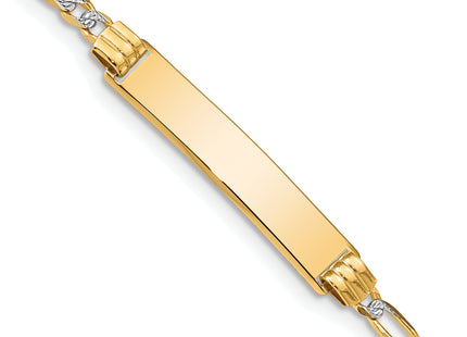 14k Polished with Rhodium Pav Solid Chain/Solid Plate Figaro Link 25. Plate ID Bracelet