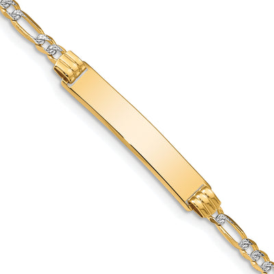 14K Polished with Rhodium Pavé Solid Chain/Solid Plate Figaro Link Plate ID Bracelet