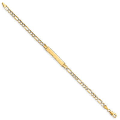 14K Polished with Rhodium Pavé Solid Chain/Solid Plate Figaro Link Plate ID Bracelet