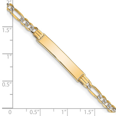 14K Polished with Rhodium Pavé Solid Chain/Solid Plate Figaro Link Plate ID Bracelet