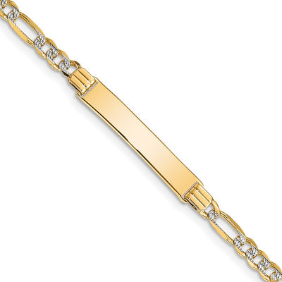 14K Polished with Rhodium Pavé Solid Chain/Solid Plate Figaro Link Plate ID Bracelet
