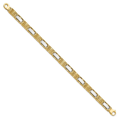 14K Two-tone High Polished Fancy Bar Link Mens Bracelet
