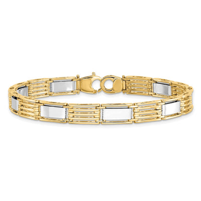 14K Two-tone High Polished Fancy Bar Link Mens Bracelet