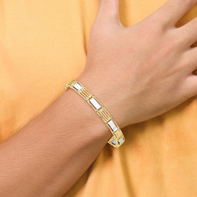14K Two-tone High Polished Fancy Bar Link Mens Bracelet