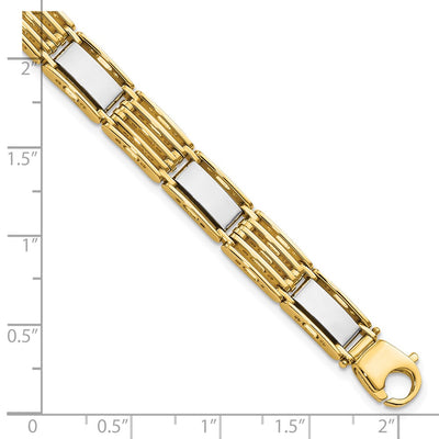 14K Two-tone High Polished Fancy Bar Link Mens Bracelet