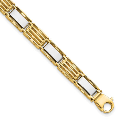 14K Two-tone High Polished Fancy Bar Link Mens Bracelet
