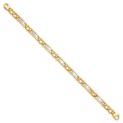 14K Two-tone Polished and Satin Fancy Bar Link Mens Bracelet