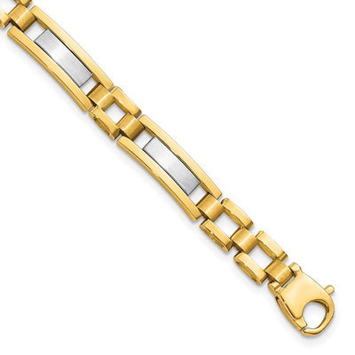 14K Two-tone Polished and Satin Fancy Bar Link Mens Bracelet
