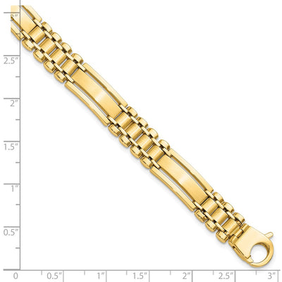 14K Polished and Satin Fancy Bar Link Mens Bracelet, 8.5 x 8.8mm