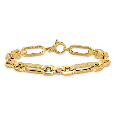 14K Polished and Textured Greek Key Design Figaro Cable Link Bracelet