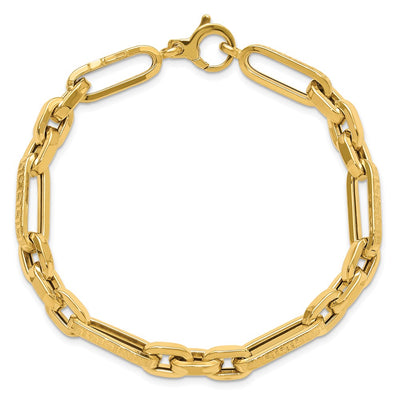 14K Polished and Textured Greek Key Design Figaro Cable Link Bracelet