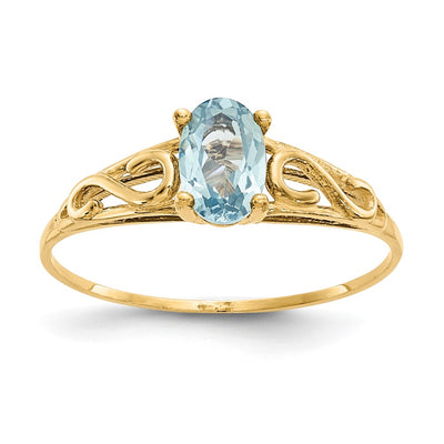 14K gold aquamarine ring, synthetic stone