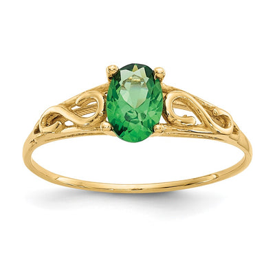 14K gold emerald ring, synthetic stone