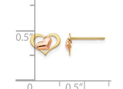 14K yellow gold heart earrings, further view