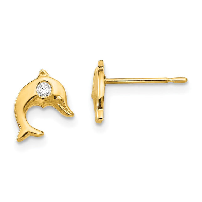 14k Madi K CZ Children's Dolphin Post Earrings, 9 x 7mm