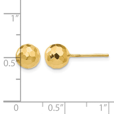 14K Gold Polished and Diamond Cut Ball Post Earrings, 7 x 7mm