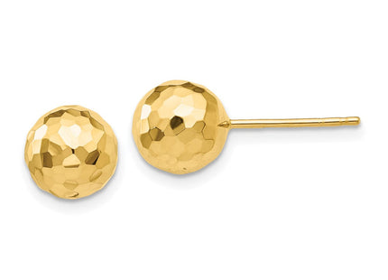 14K Gold Polished and Diamond Cut Ball Post Earrings (Style H1013)