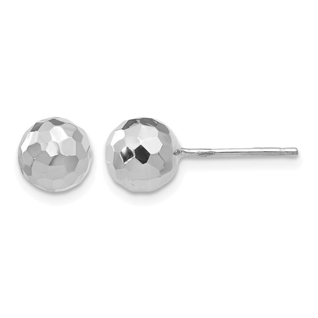 14K White Gold Polished Diamond Cut Ball Post Earrings, 7 x 7mm