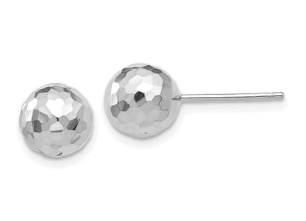 14K White Gold Polished Diamond Cut Ball Post Earrings (Style H1016)