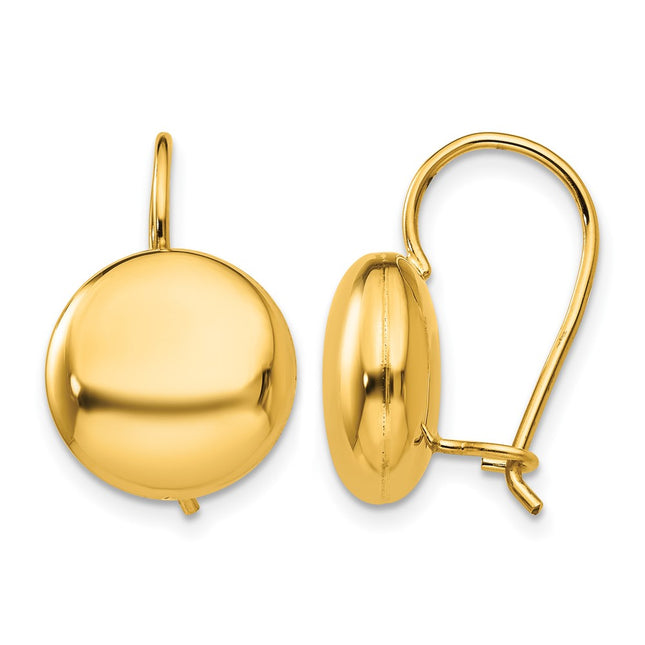 14k Polished Button Kidney Wire Earrings, 12 x 12mm