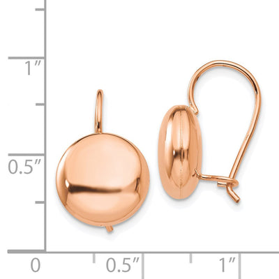 14K Rose Polished Button Kidney Wire Earrings, 12 x 12mm