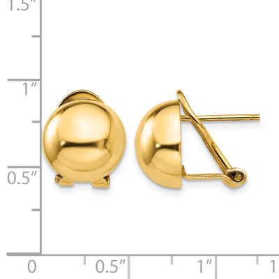 14K Omega Clip Half Ball Earrings, 12 x 12mm
