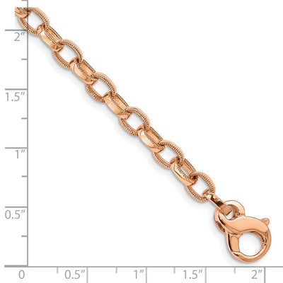 14K Rose Gold Hand Polished with Ridged Edge Fancy Link Fancy Lobster Clasp Bracelet