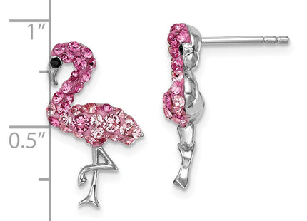 Sterling Silver Rhodium-plated Polished Pink Crystal Flamingo Post Earrings (Style IE-121)