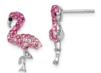 Sterling Silver Rhodium-plated Polished Pink Crystal Flamingo Post Earrings (Style IE-121)
