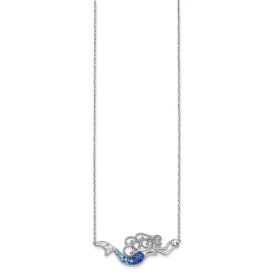 Sterling Silver Rhodium-Plated Polished Blue and White Crystal Mermaid with a extention Necklace